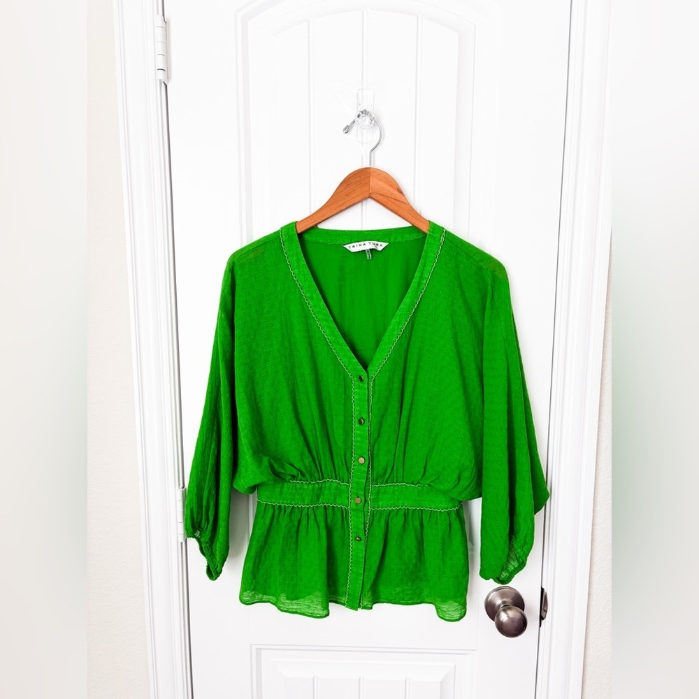 Trina Turk Green Blouse Cotton Linen Size Small - Picture 1 of 2